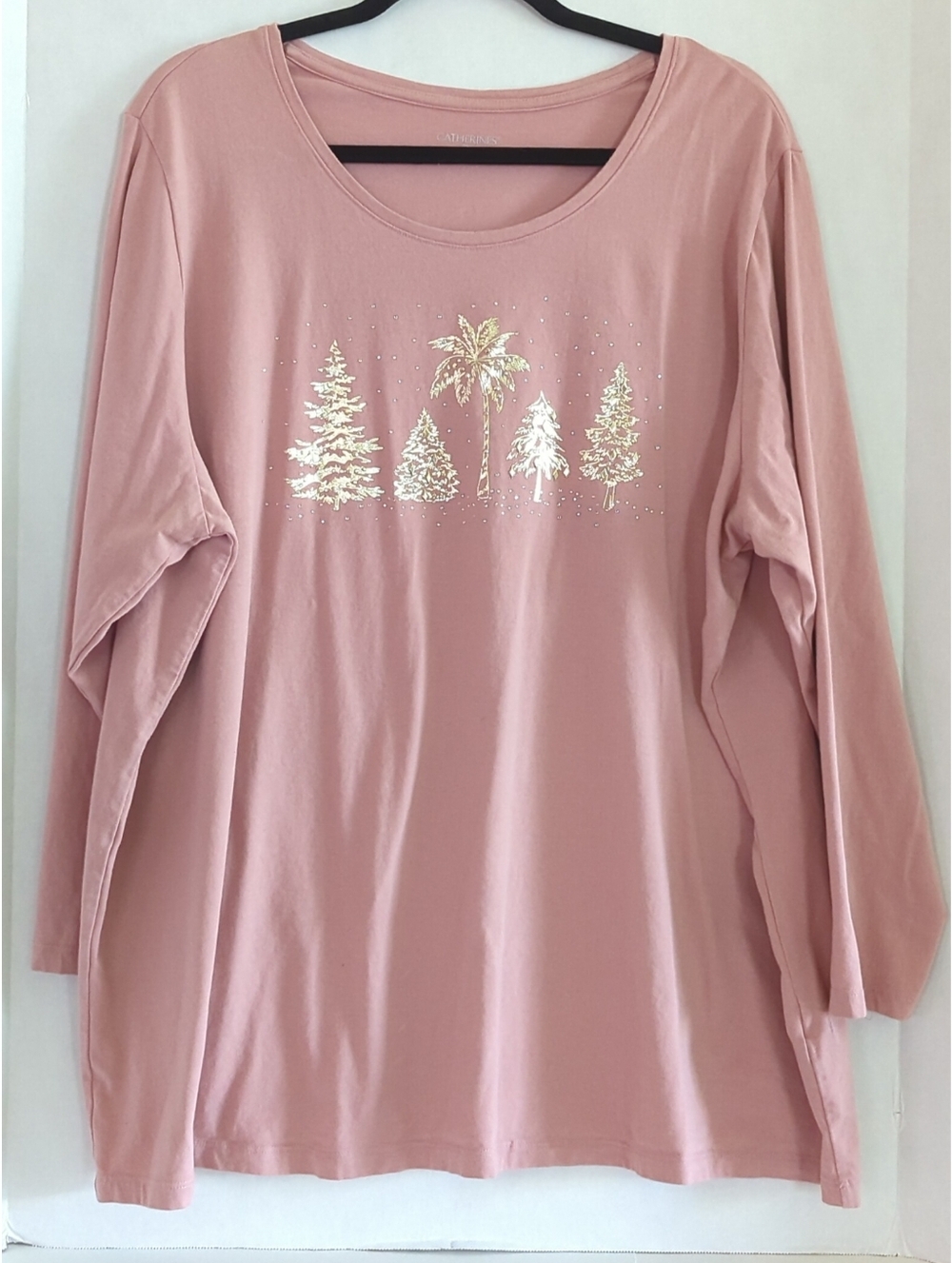 Catherines Mauve With Gold Sparkly Trees Long Sleeve T-shirt Size 2X 22/24W